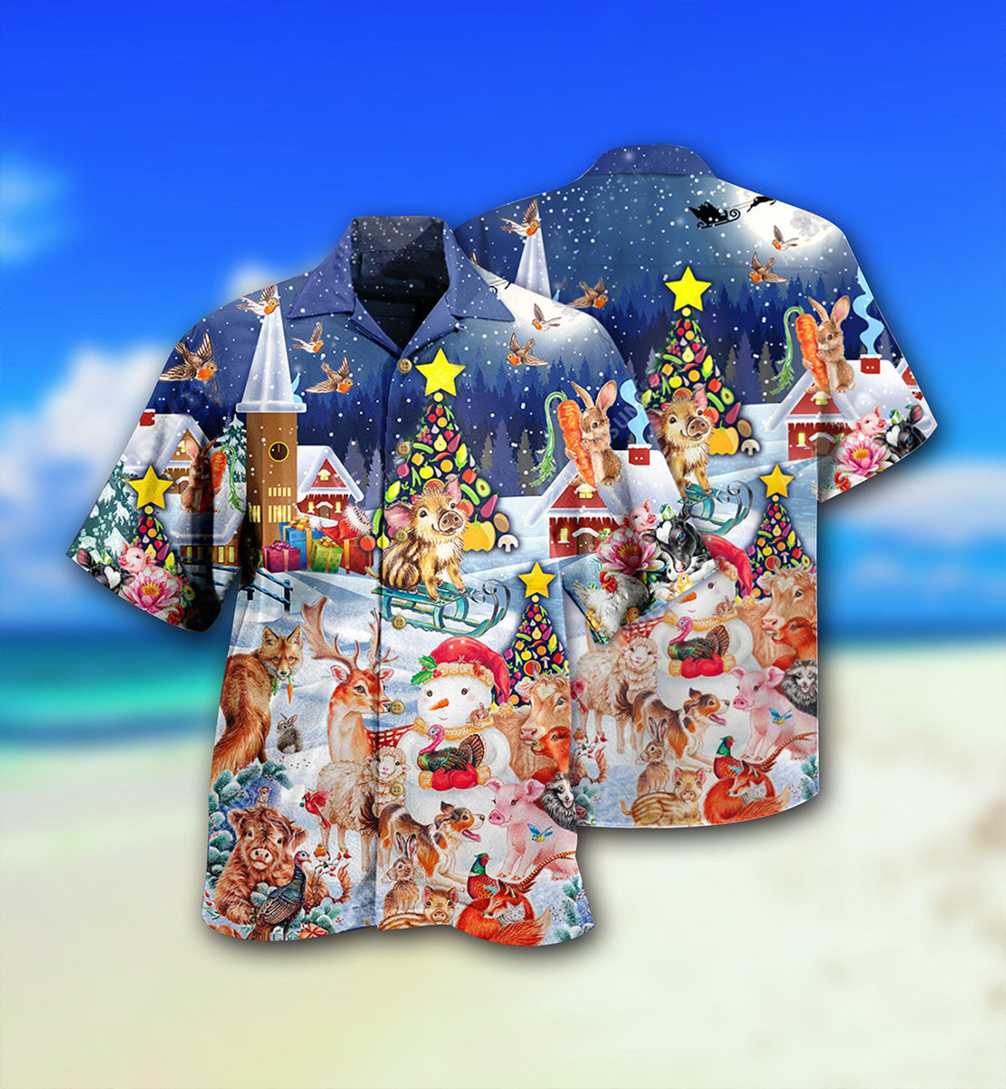 Christmas Happy Animals In Night - Hawaiian Shirt - Reefox