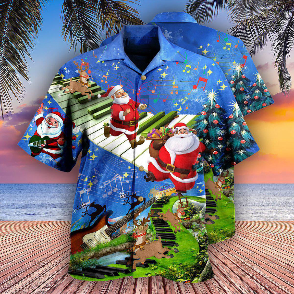 Christmas Jumping On Musical Instrument In Blue - Hawaiian Shirt - Reefox
