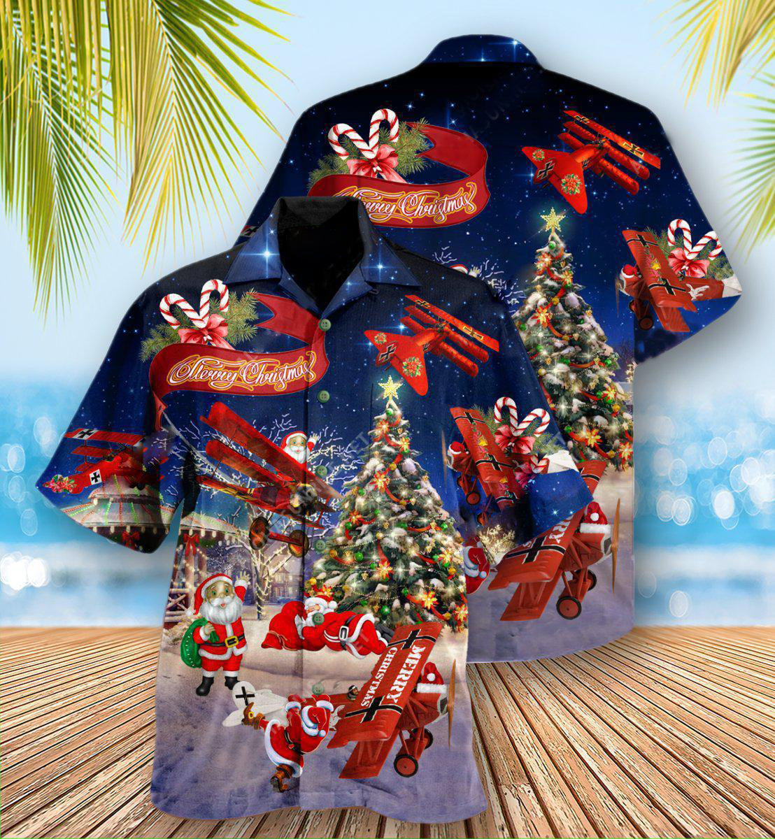Christmas No Reindeer Any More Santa Loves Airplane In Blue - Hawaiian Shirt - Reefox