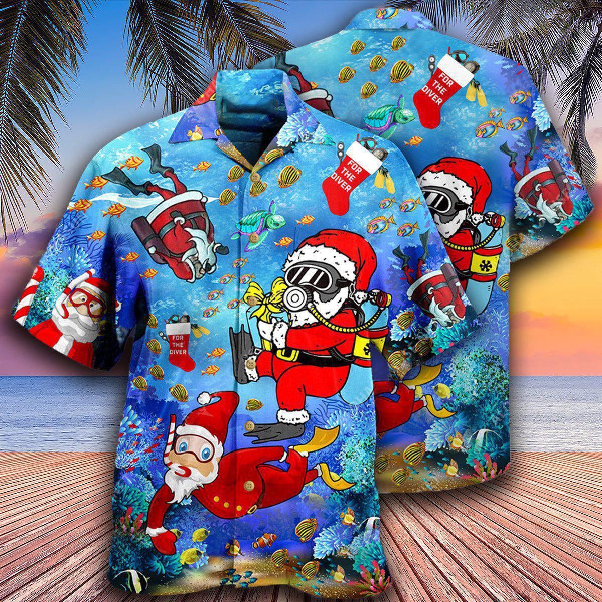 Christmas Santa Claus Dives In Blue - Hawaiian Shirt - Reefox