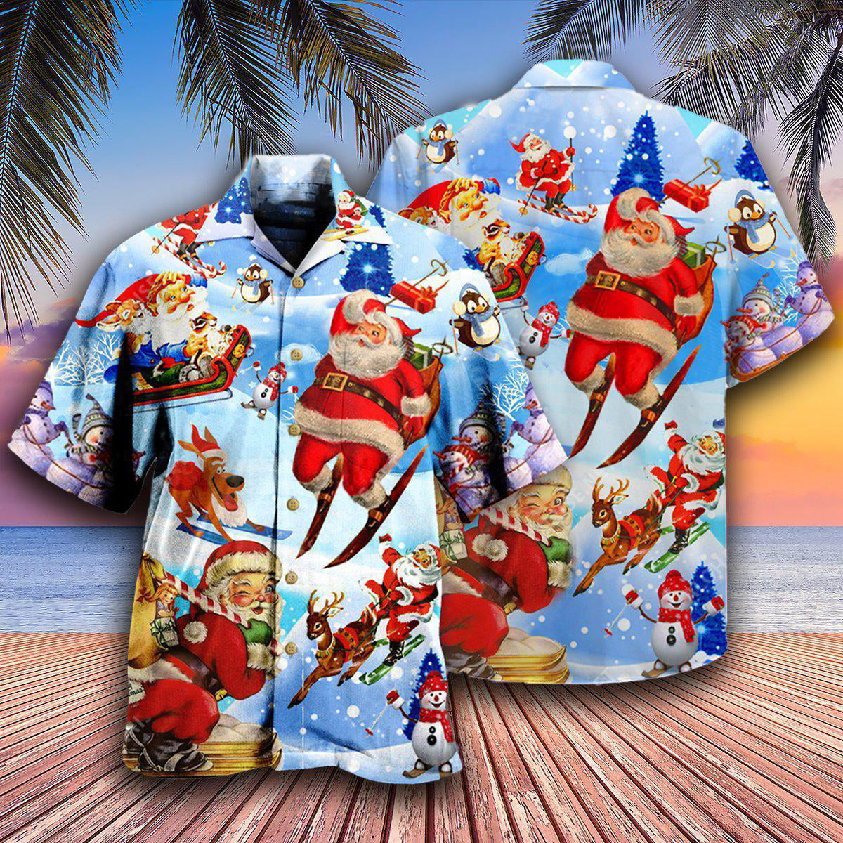 Christmas Skiing Santa Claus In Blue - Hawaiian Shirt - Reefox
