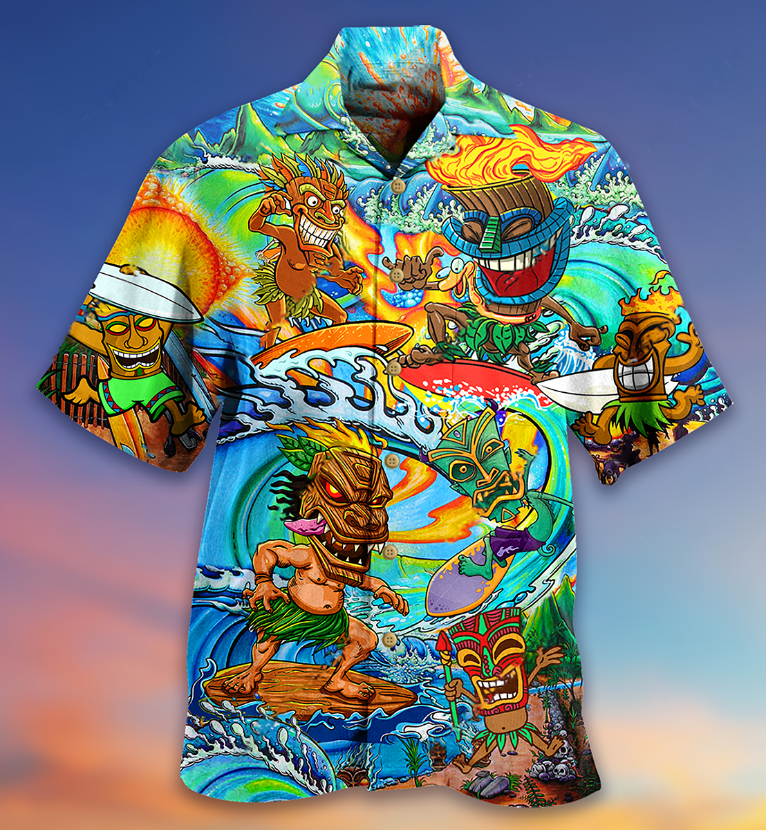 Tiki Aloha Tiki Surfing Into The Sunset - Hawaiian Shirt - Reefox