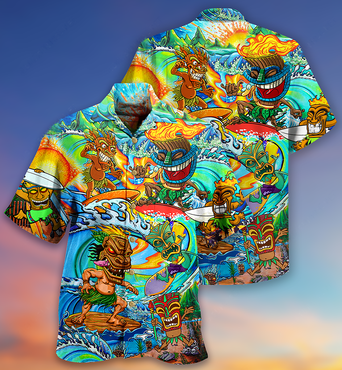 Tiki Aloha Tiki Surfing Into The Sunset - Hawaiian Shirt - Reefox