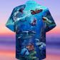 Shark Fishing Shark With Small Ship Blue Ocean - Hawaiian Shirt - Reefox