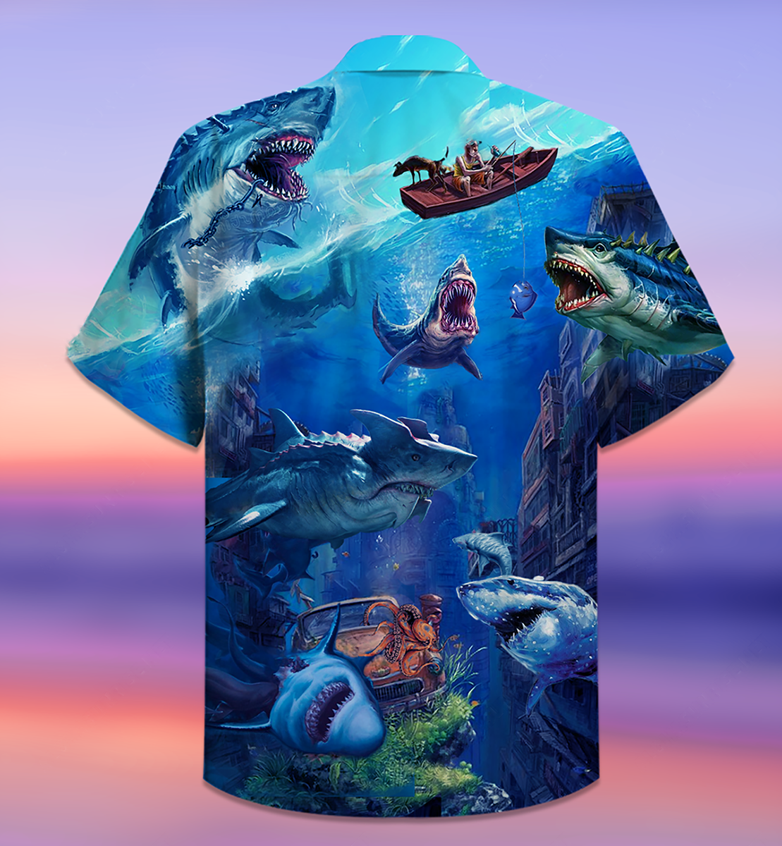 Shark Fishing Shark With Small Ship Blue Ocean - Hawaiian Shirt - Reefox