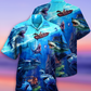 Shark Fishing Shark With Small Ship Blue Ocean - Hawaiian Shirt - Reefox