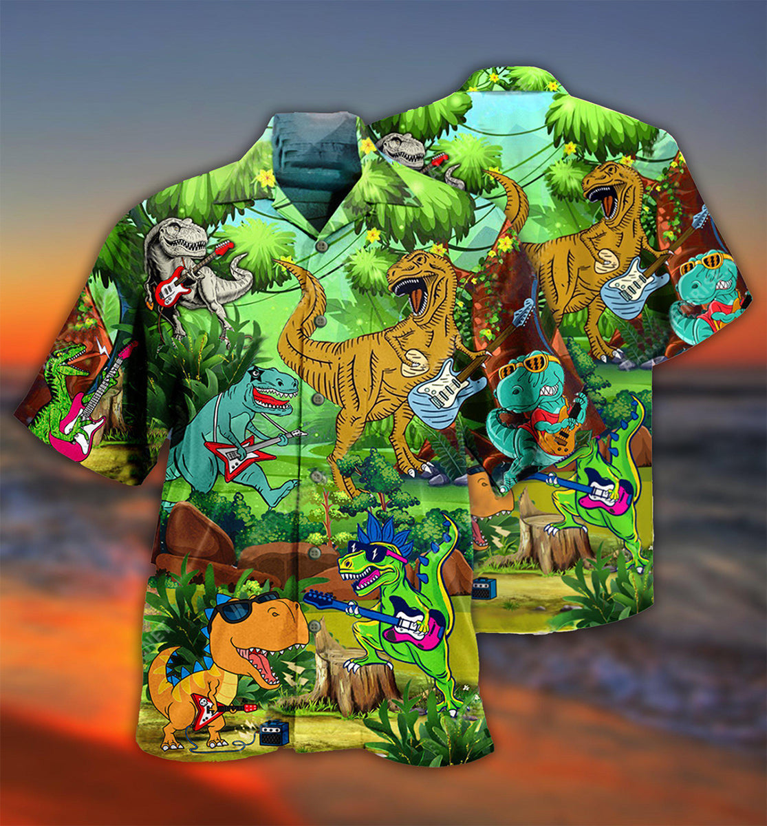 Dinosaur Play Guitar Like A Star Funny - Hawaiian Shirt - Reefox