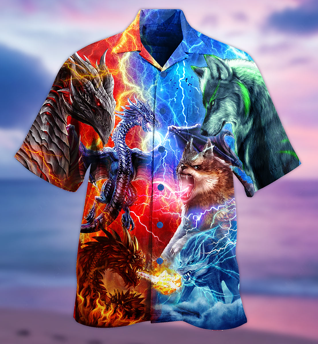 Dragon And Wolf Fighting - Hawaiian Shirt - Reefox