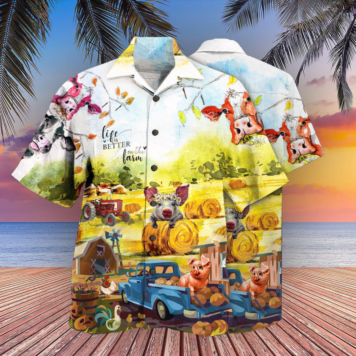 Farm Happy With Cow And Pig - Hawaiian Shirt - Reefox