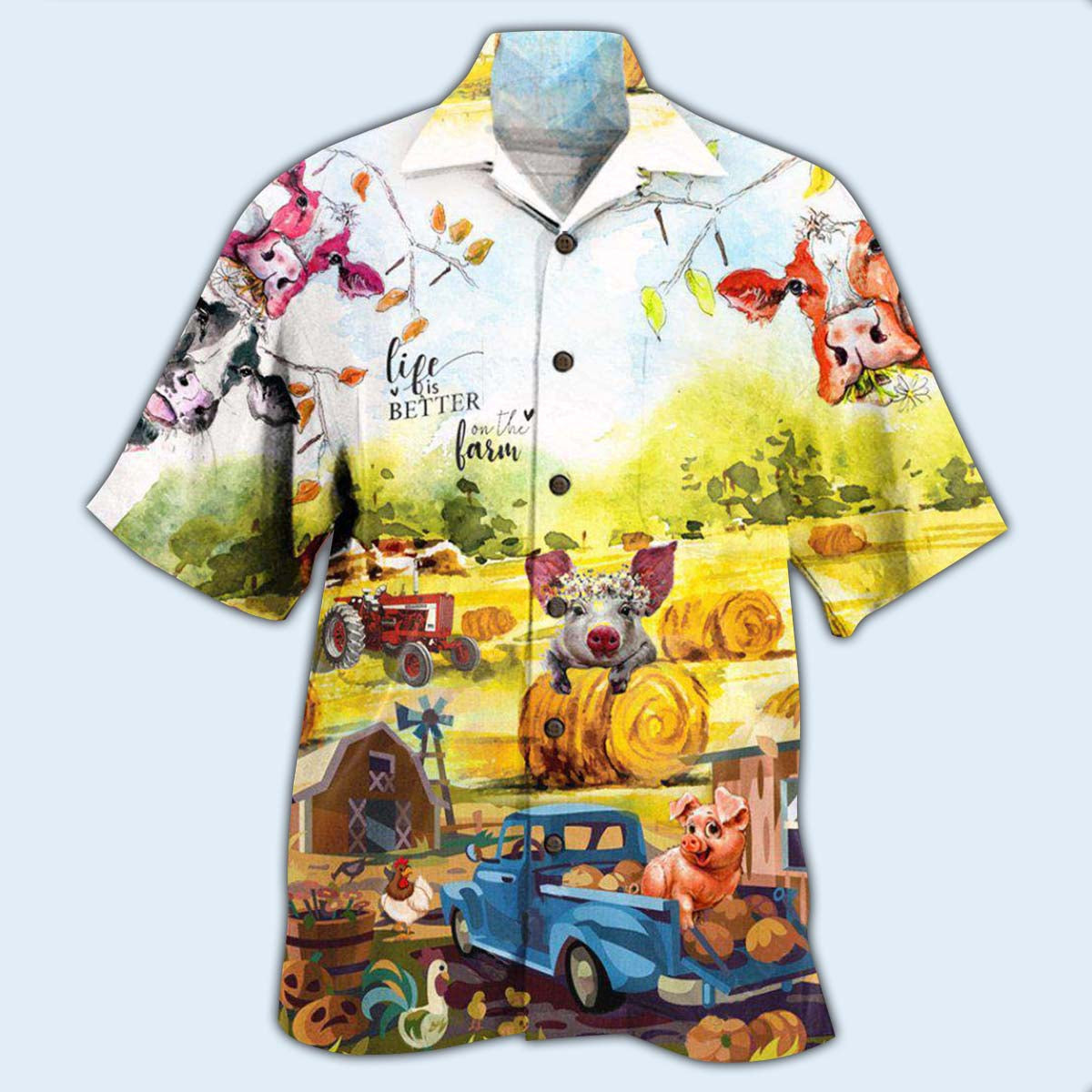 Farm Happy With Cow And Pig - Hawaiian Shirt - Reefox