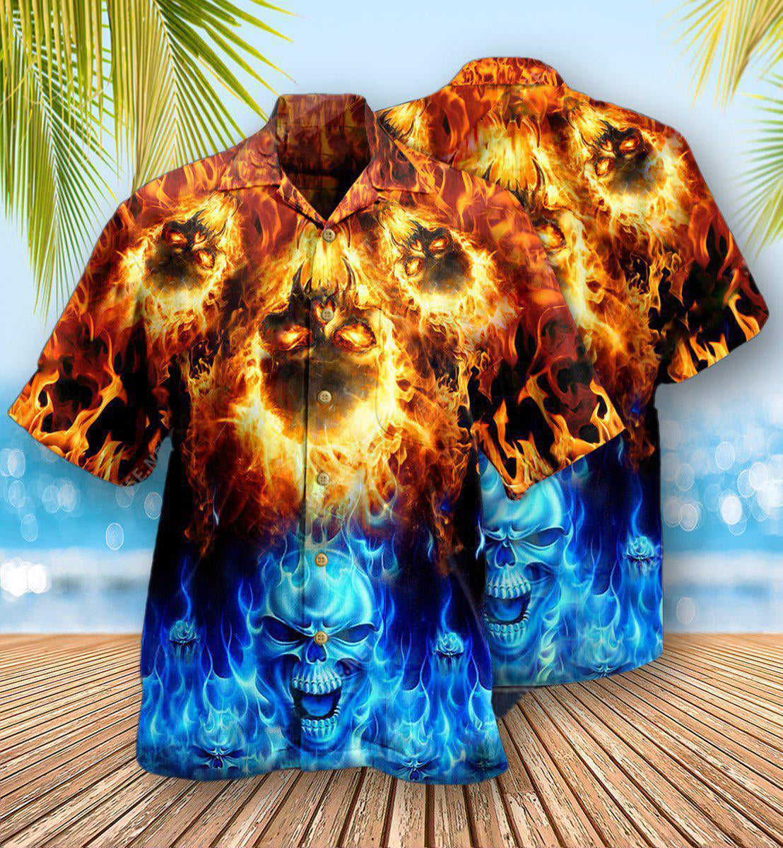 Skull Fire Burning Forever Fire And Water - Hawaiian Shirt - Reefox