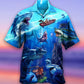 Shark Fishing Shark With Small Ship Blue Ocean - Hawaiian Shirt - Reefox