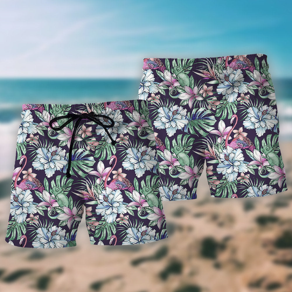 Flamingo Lizard Hibiscus Love Hot Summer - Beach Short Reefox - Owls Matrix LTD