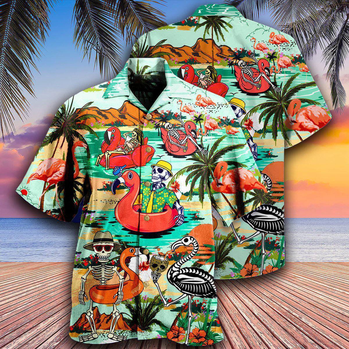 Flamingo Mountain Skull In Hawaii - Hawaiian Shirt - Reefox