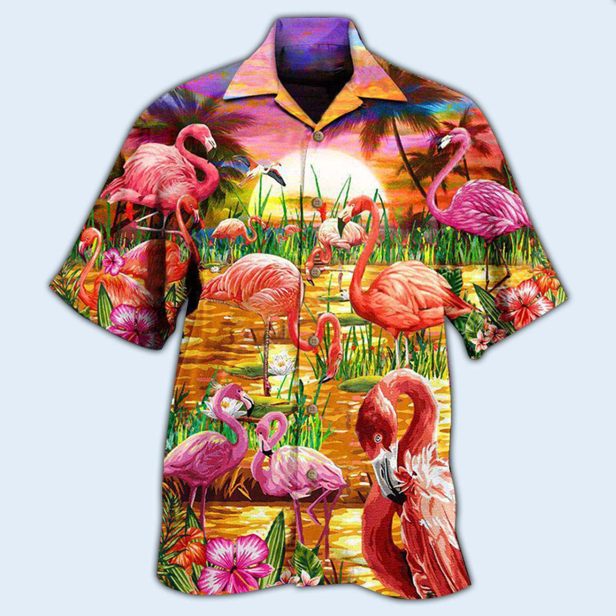 Flamingo Romantic Sunset With Flamingo - Hawaiian Shirt - Reefox