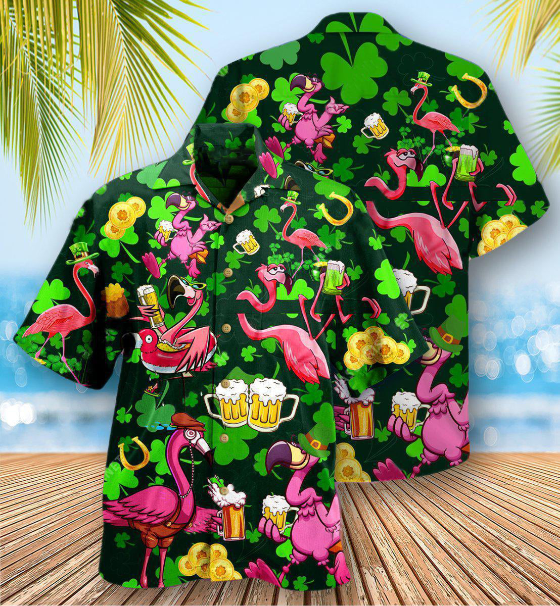 Irish Pink Flamingos Drink Beer Patricks Day Pattern - Hawaiian Shirt - Reefox