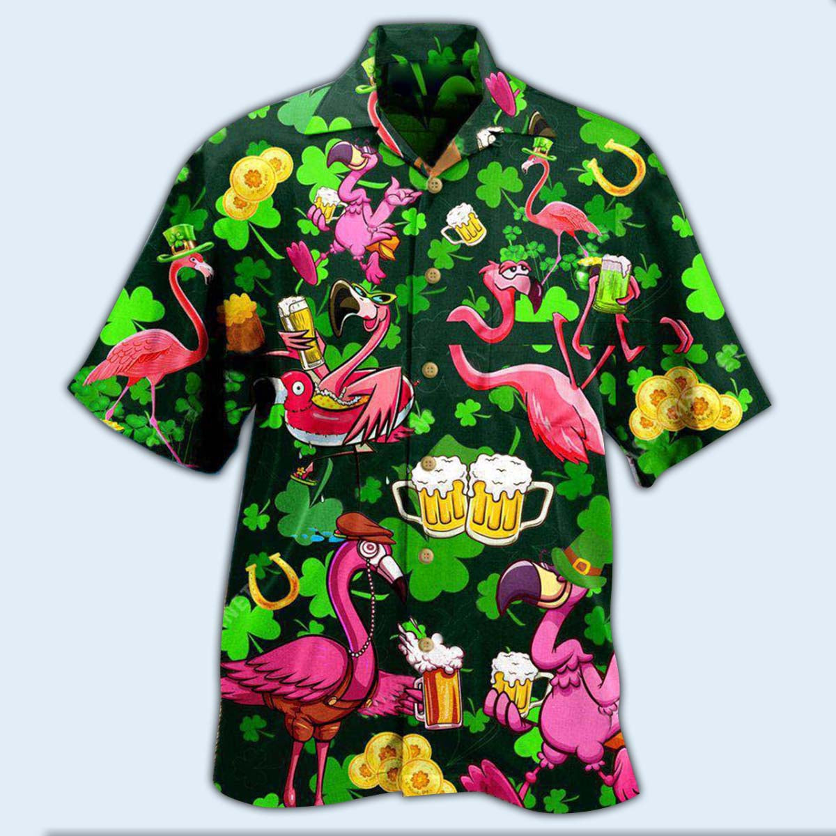 Irish Pink Flamingos Drink Beer Patricks Day Pattern - Hawaiian Shirt - Reefox