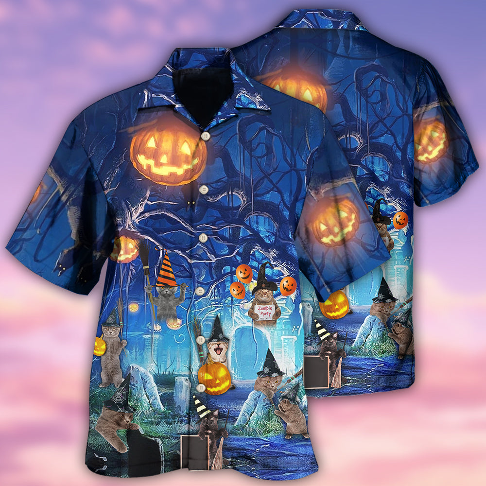 Halloween Night Cat Blue - Hawaiian Shirt - Reefox
