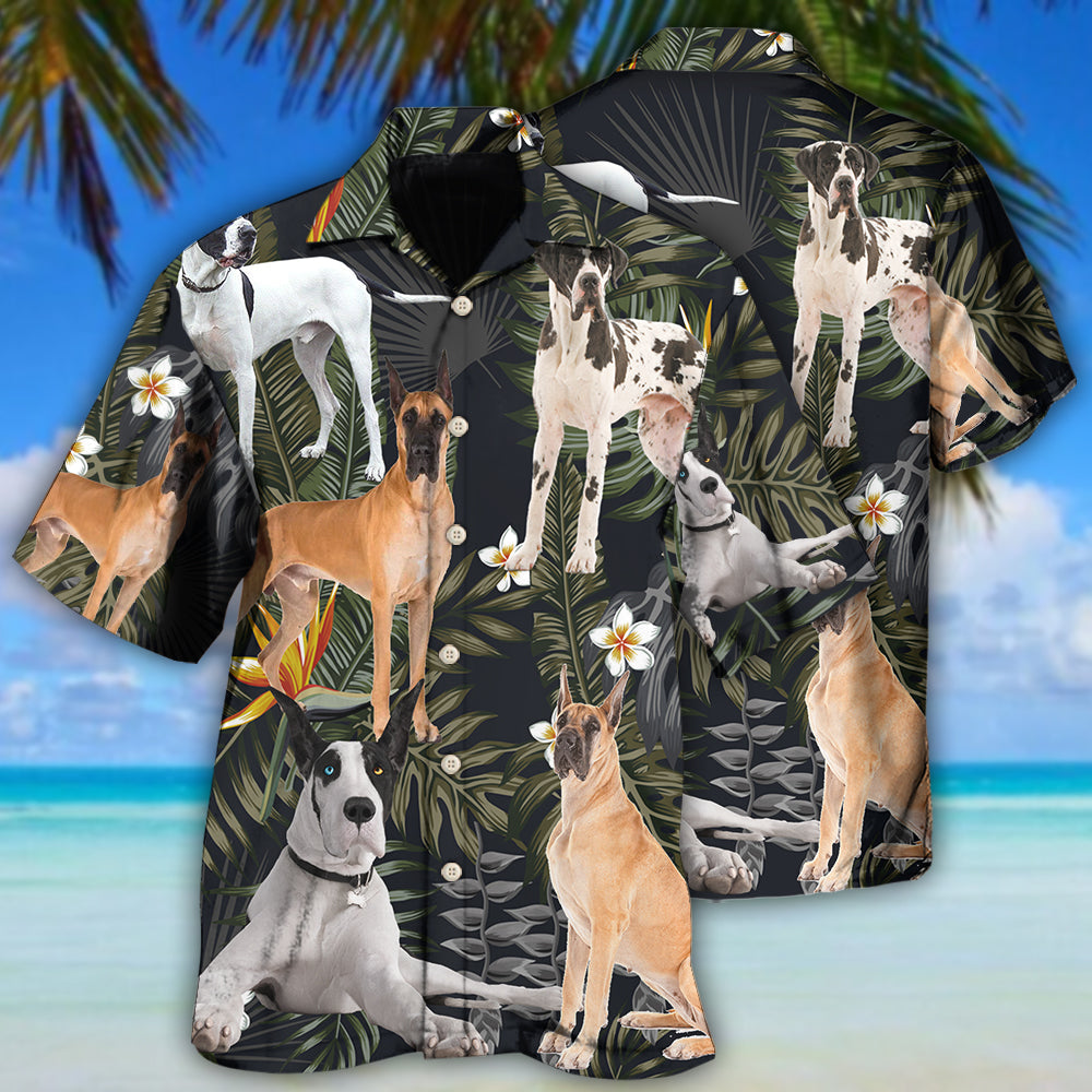 Great Dane Dog Tropical Leaf Black Style - Hawaiian Shirt - Reefox