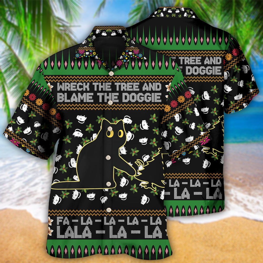 Black Cat Wreck The Tree And Blame The Doggie Merry Christmas - Hawaiian Shirt - Reefox