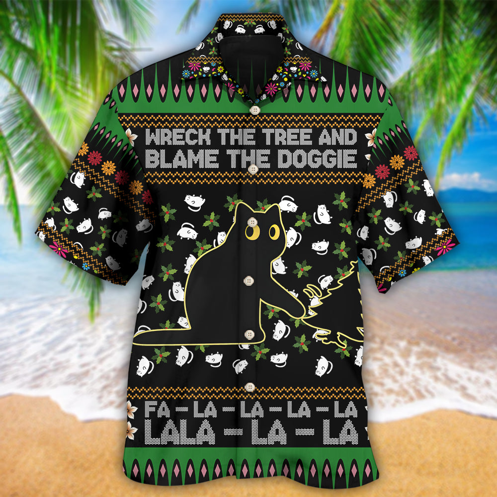 Black Cat Wreck The Tree And Blame The Doggie Merry Christmas - Hawaiian Shirt - Reefox