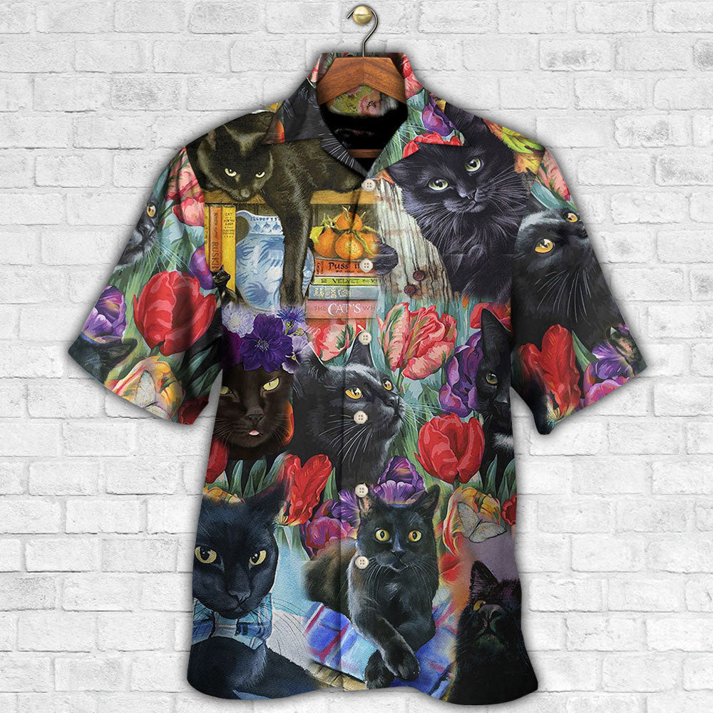 Black Cat Art With Flowers - Hawaiian Shirt - Reefox