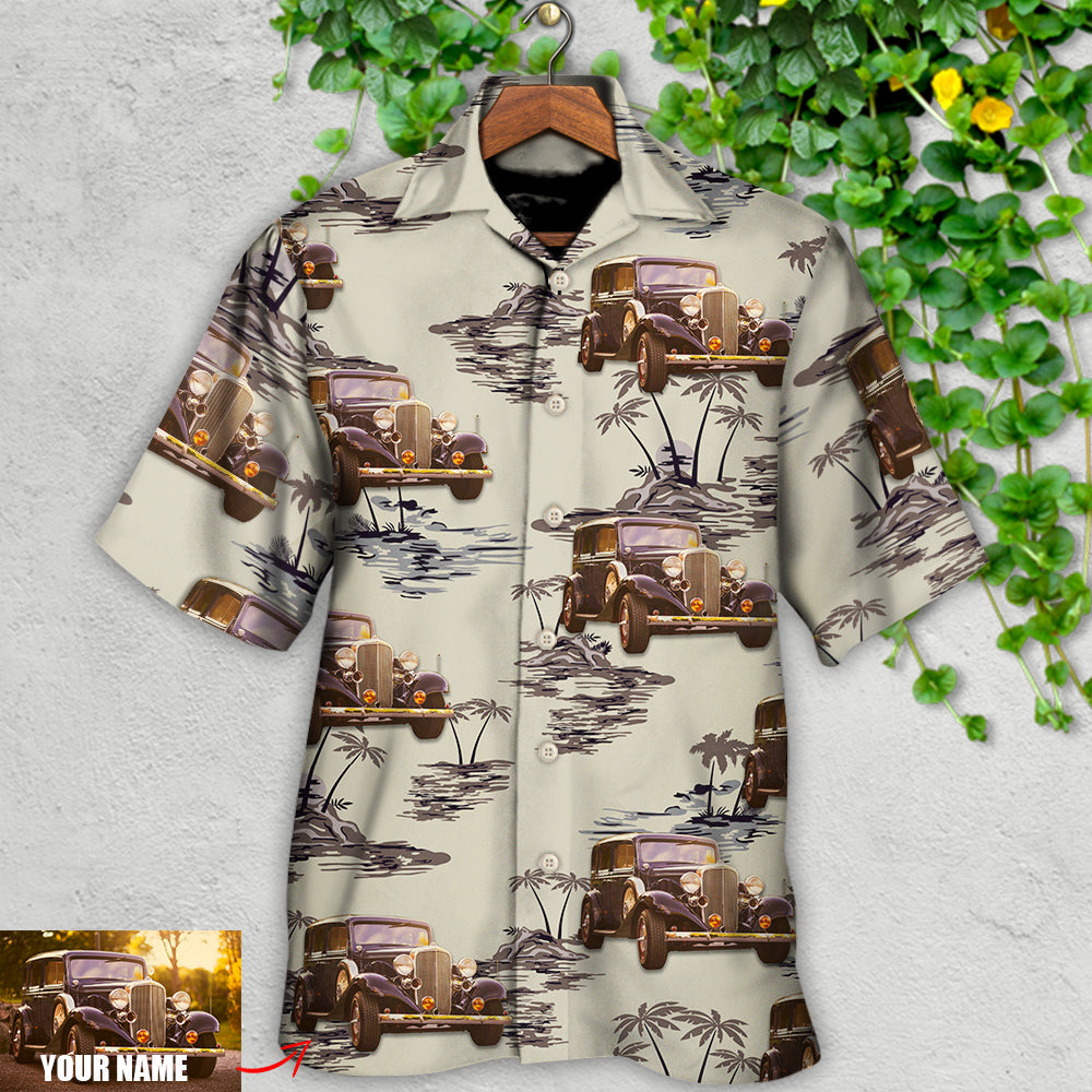 Vintage Car Deserted Island Pattern With Palm Trees Custom Photo - Hawaiian Shirt - Reefox