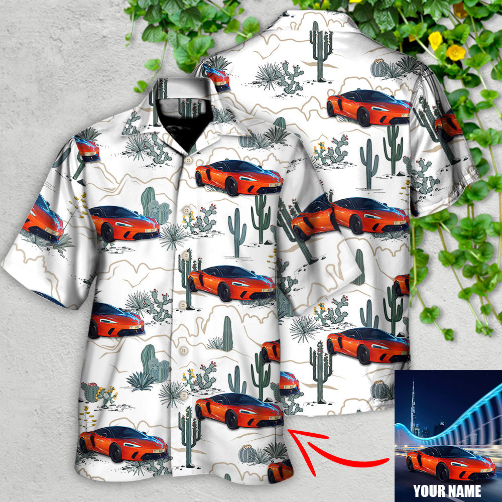 Car Desert With Mountains Blooming Cacti Opuntia And Saguaro Custom Photo - Hawaiian Shirt - Reefox