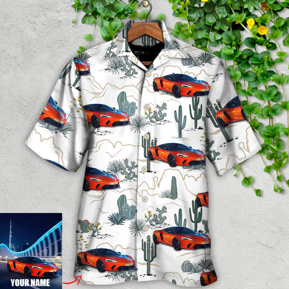 Car Desert With Mountains Blooming Cacti Opuntia And Saguaro Custom Photo - Hawaiian Shirt - Reefox