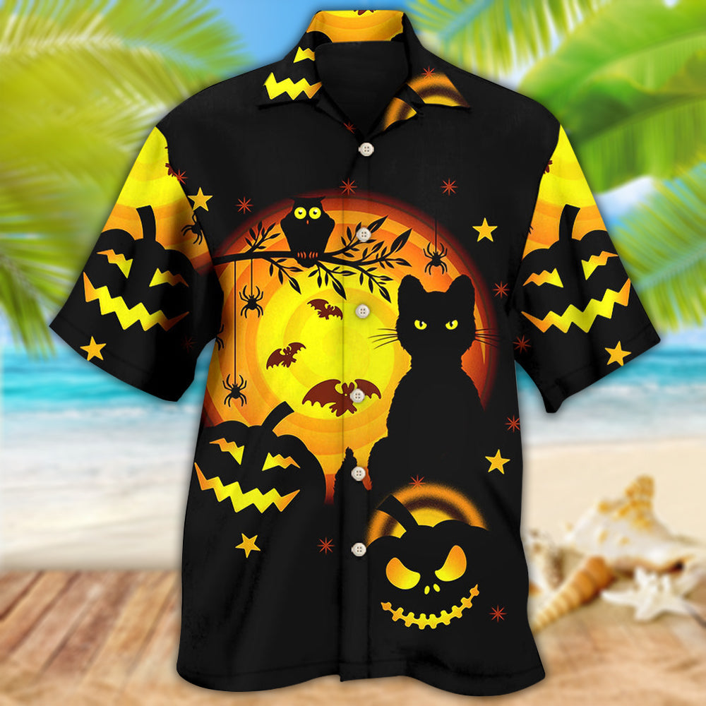 Halloween Awesome Black Cat And Pumpkin - Hawaiian Shirt - Reefox