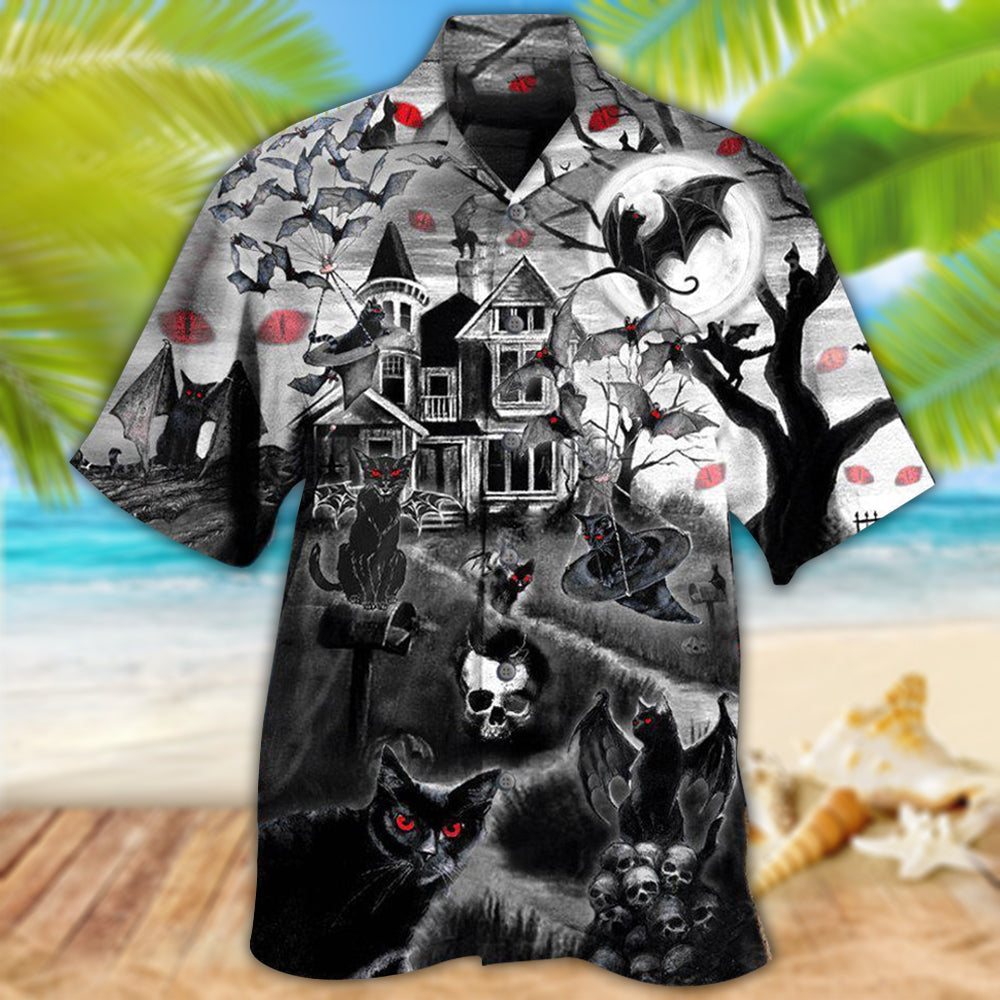 Halloween Black Cat Flying Horror Night Halloween - Hawaiian Shirt - Reefox