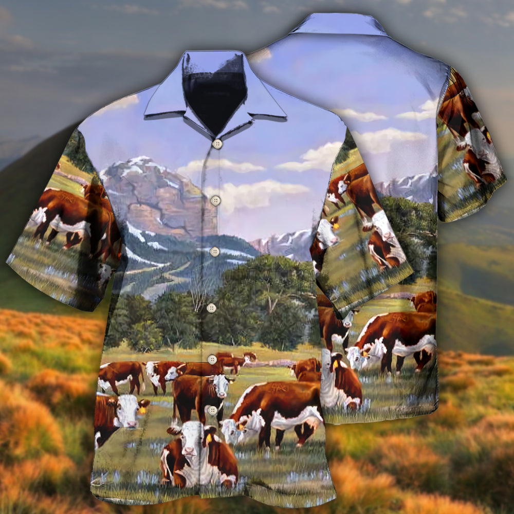 Cow Hereford Cow Beautiful Landscape - Hawaiian Shirt - Reefox