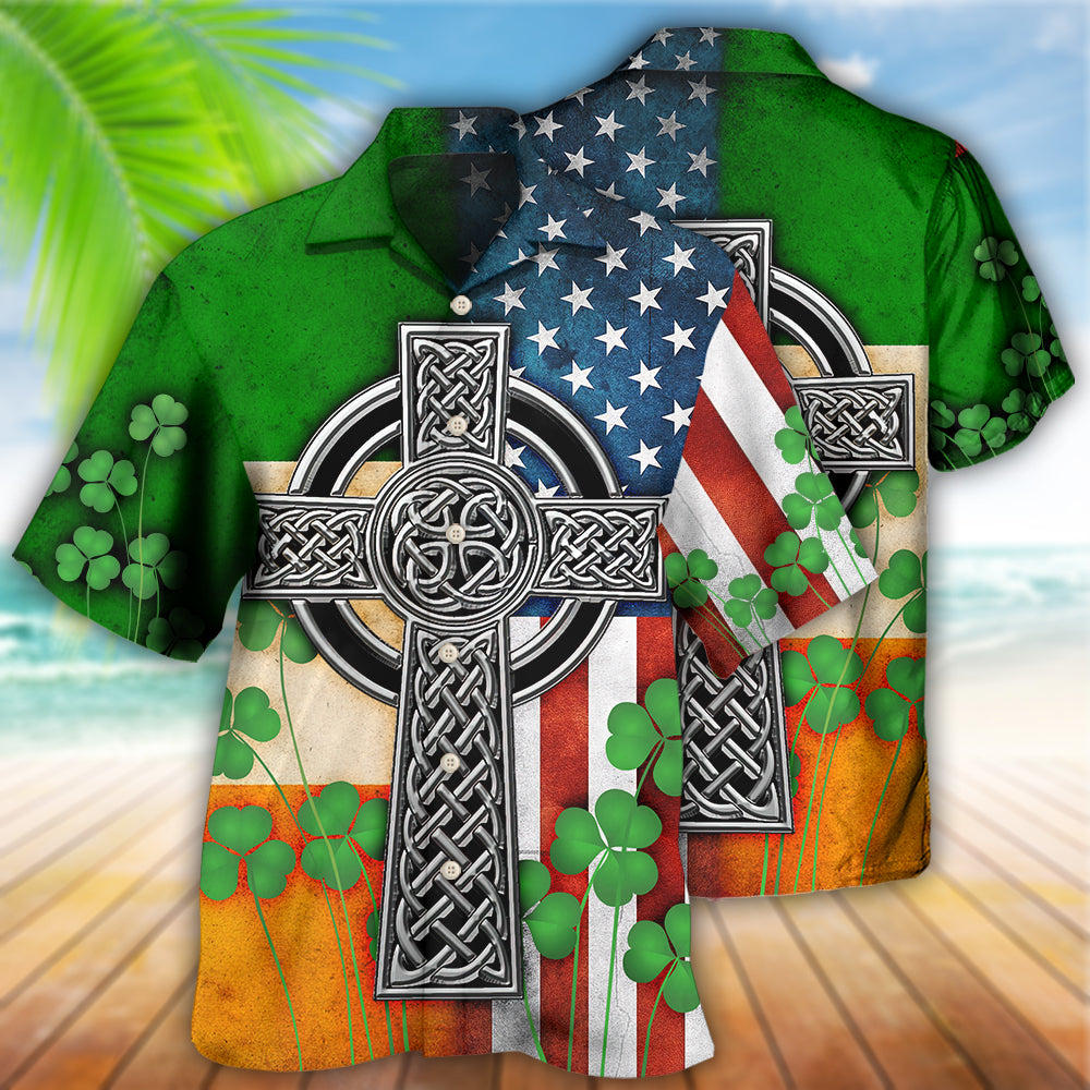 Irish American Flag Celtic Cross Irish Saint Patrick'S Day All Over - Hawaiian shirt - Reefox