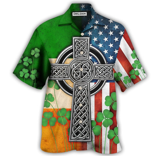 Irish American Flag Celtic Cross Irish Saint Patrick'S Day All Over - Hawaiian shirt - Reefox