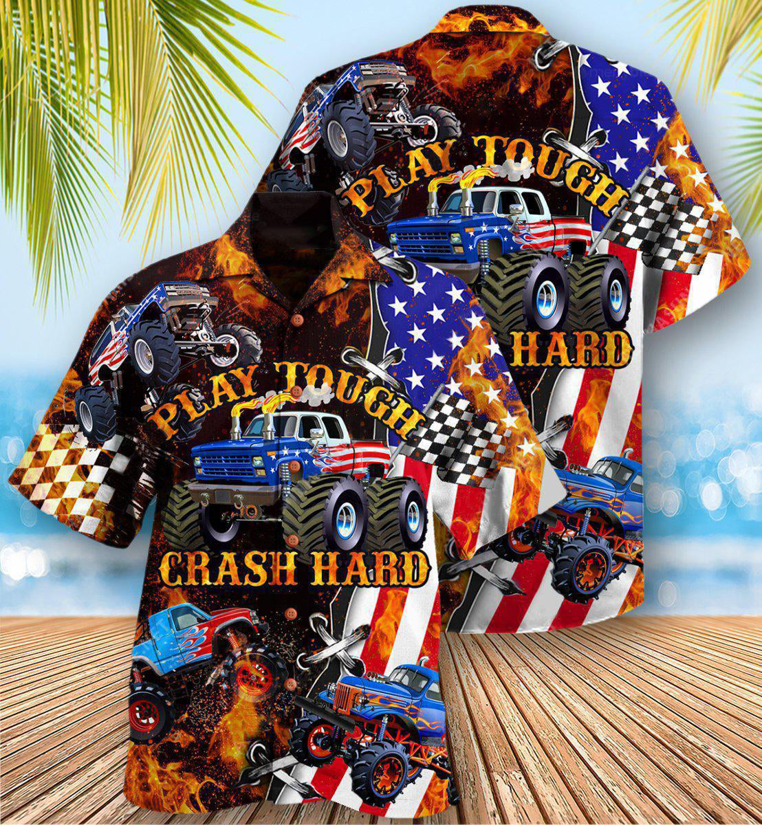 Monster Truck Fire Monster Truck Play Tough Crash Hard - Hawaiian Shirt - Reefox