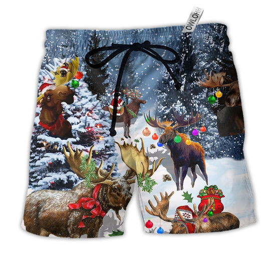 Beach Short / Adults / S Moose Merry Christmas Forest - Beach Short Reefox - Owls Matrix LTD