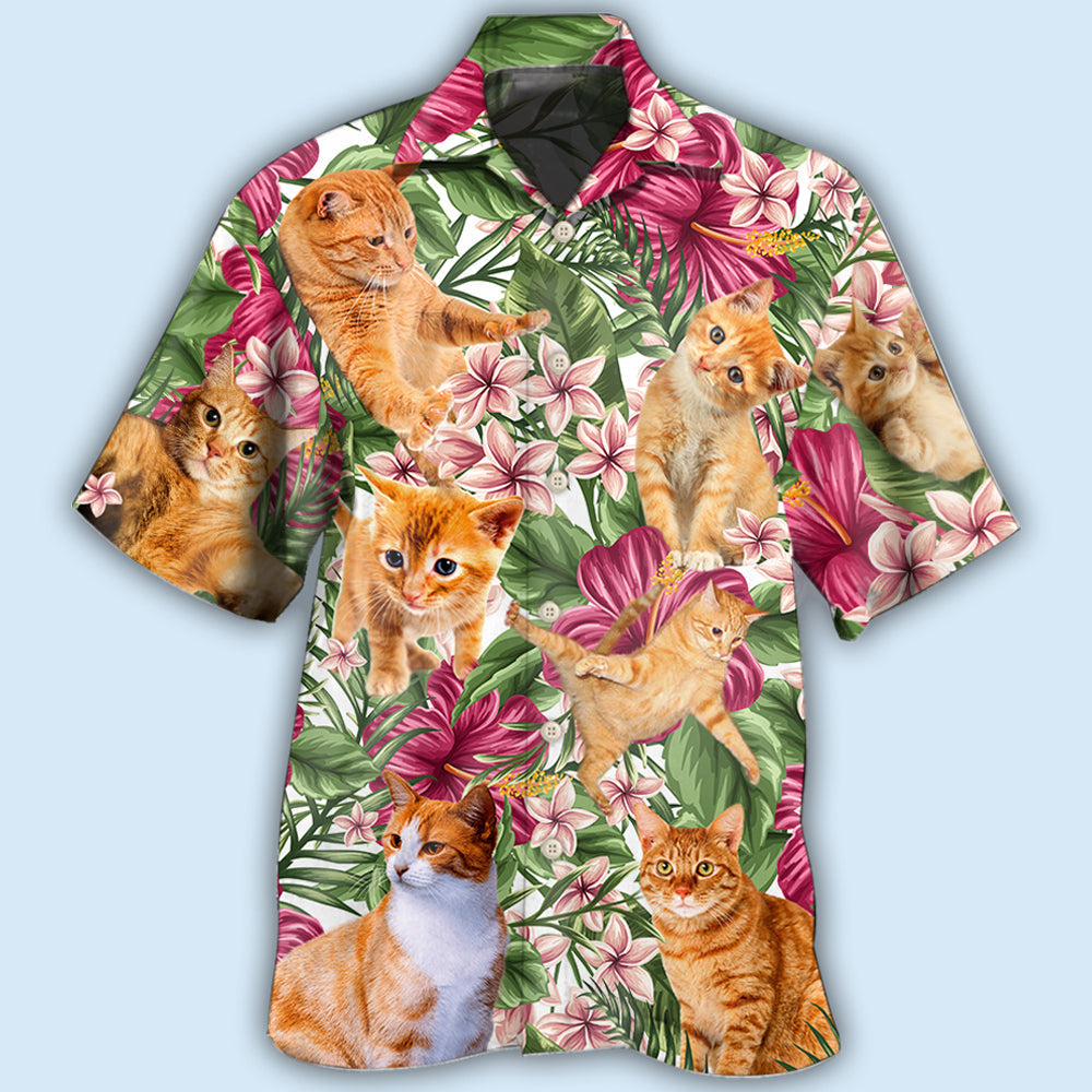 Cat Tropical Floral Orange Cat - Hawaiian Shirt - Reefox