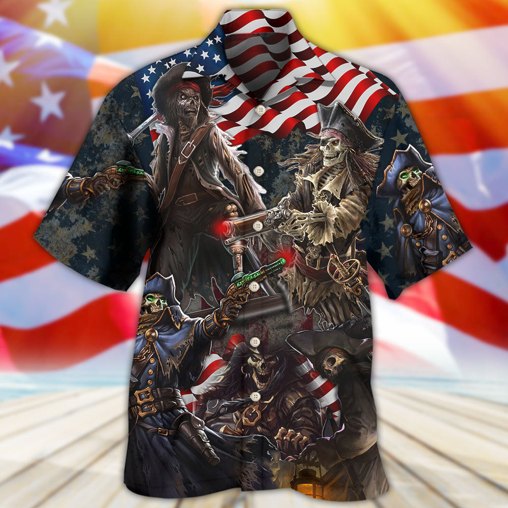 Pirate Skeleton USA Flag Independence Day - Hawaiian Shirt - Reefox