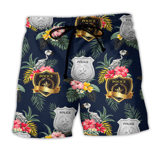 Beach Short / Adults / S Police Symbol Tropical Floral - Beach Short Reefox - Owls Matrix LTD