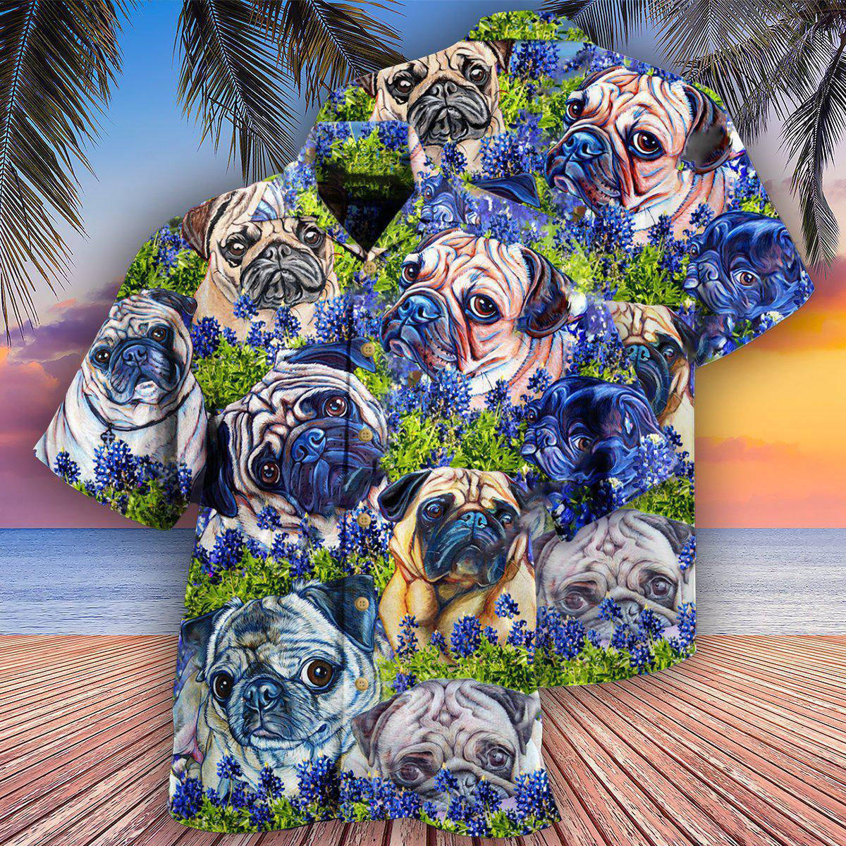 Pug And Beautiful Blue Bonnet - Hawaiian Shirt - Reefox