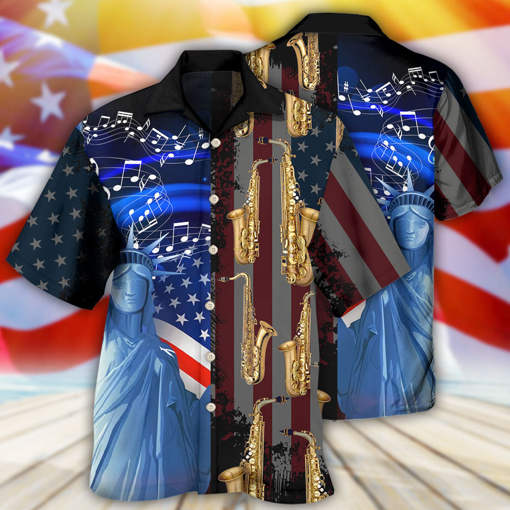 Saxophone Music USA Flag Independence Day - Hawaiian Shirt - Reefox