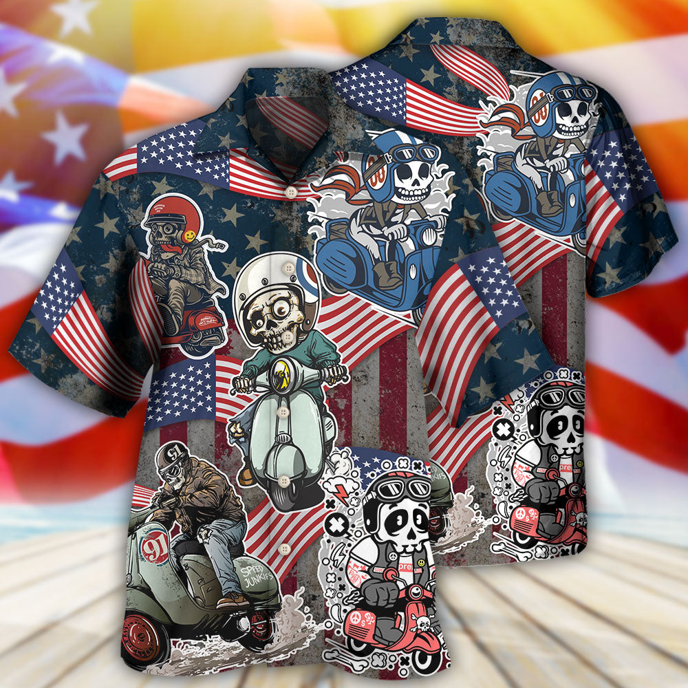 Scooter Skeleton USA Flag Independence Day - Hawaiian Shirt - Reefox