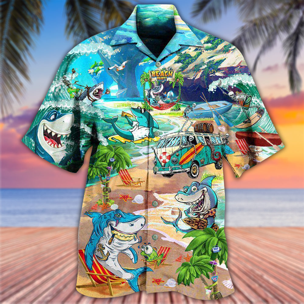 Shark And Skeletons On Beach Party - Hawaiian Shirt - Reefox