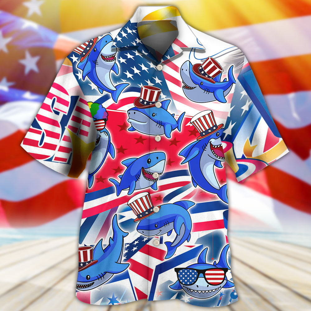 Shark Funny USA Flag Independence Day - Hawaiian Shirt - Reefox