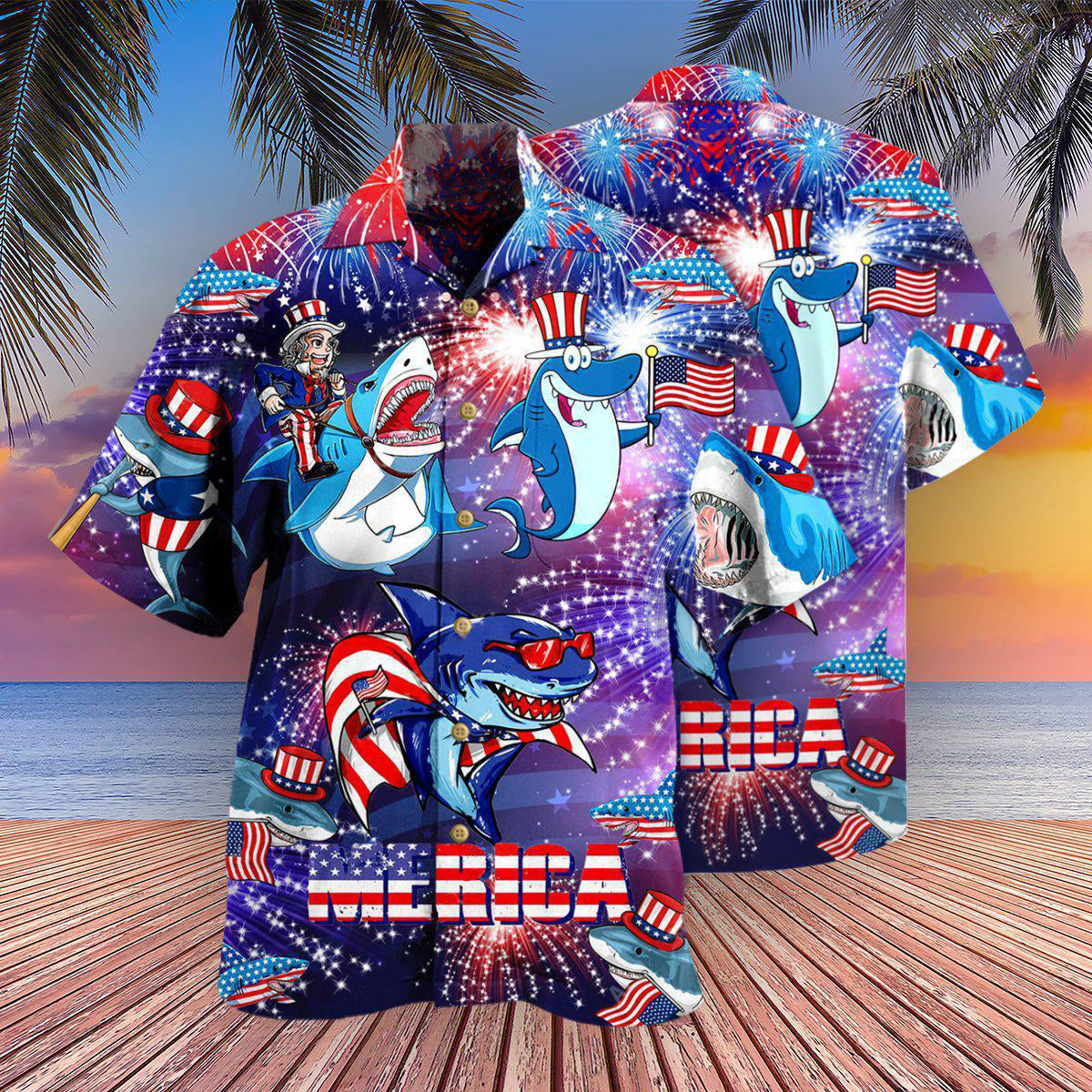 Shark Merica Patriotic - Hawaiian Shirt - Reefox