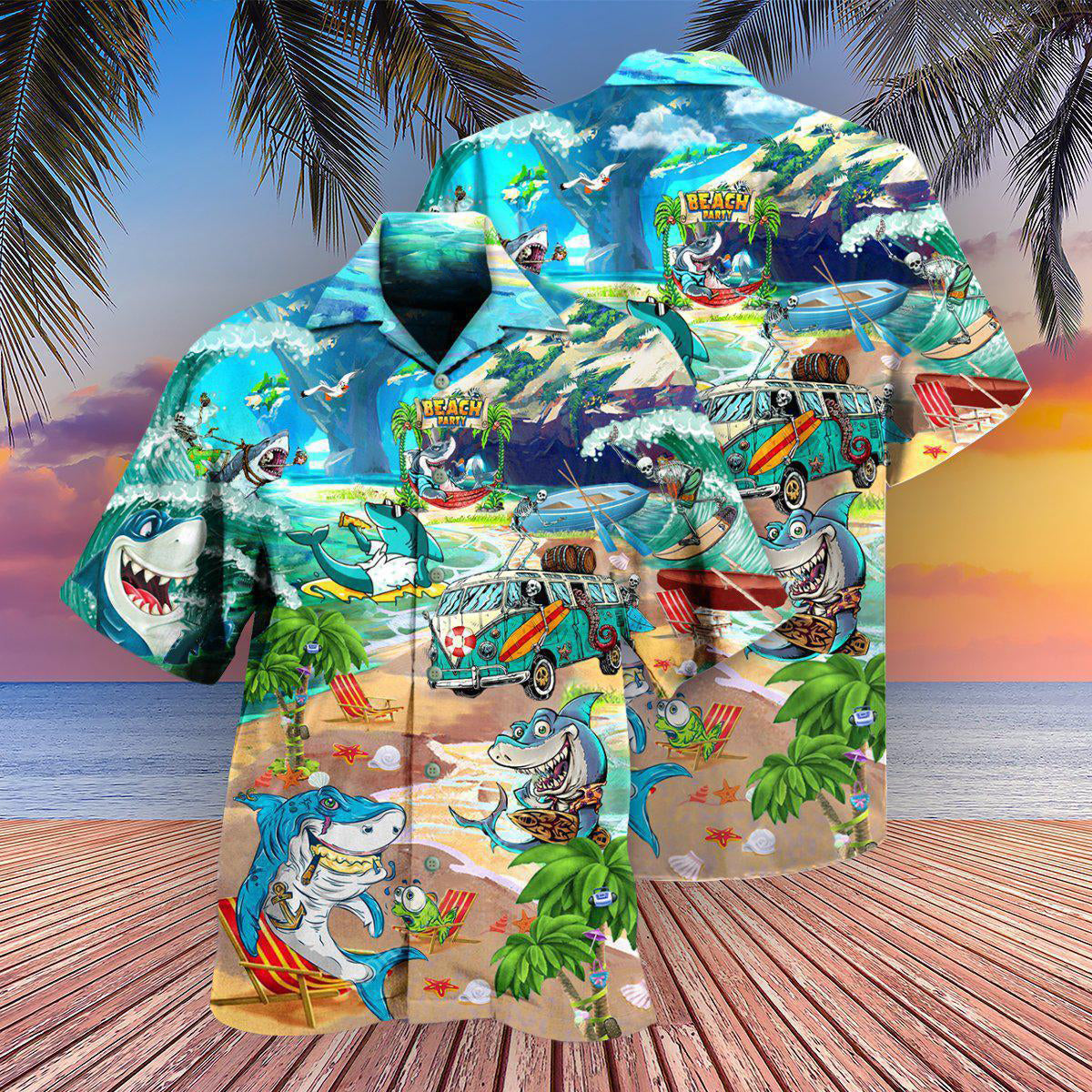 Shark And Skeletons On Beach Party - Hawaiian Shirt - Reefox