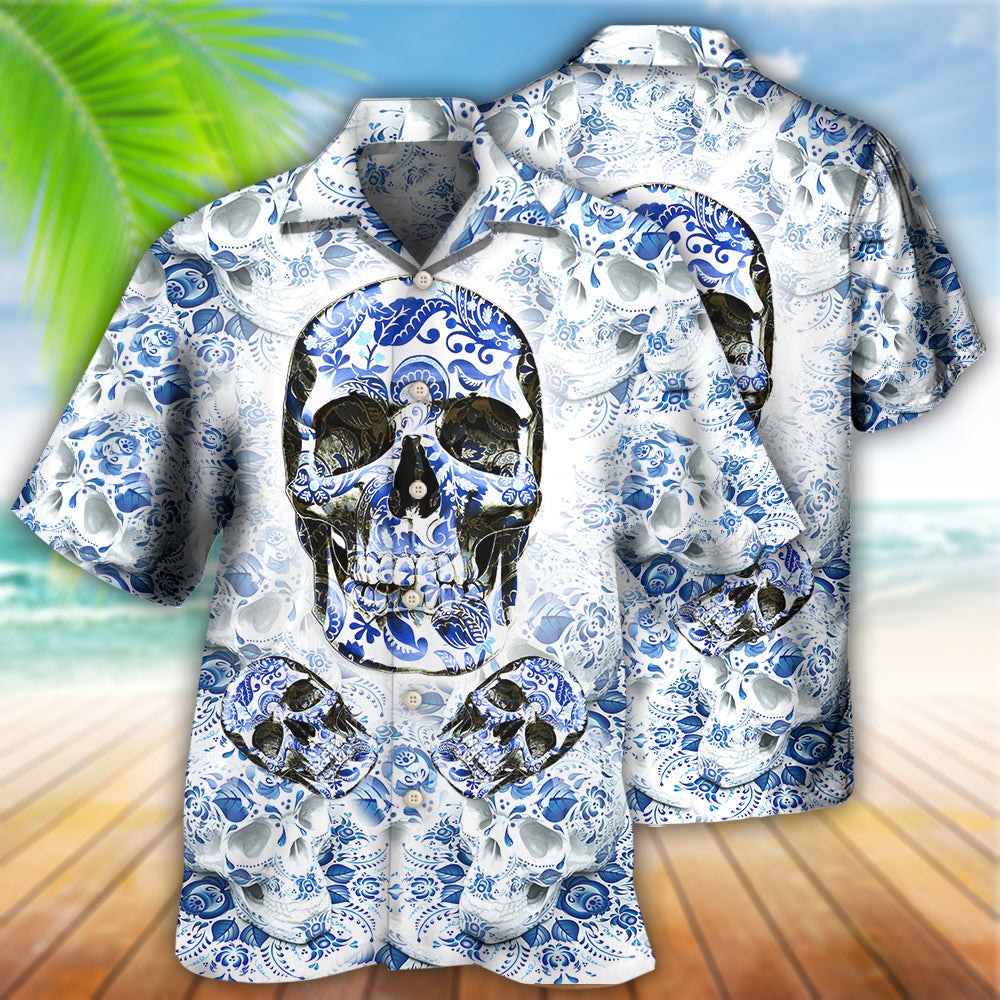 Skull Love Life Blue White - Hawaiian Shirt - Reefox