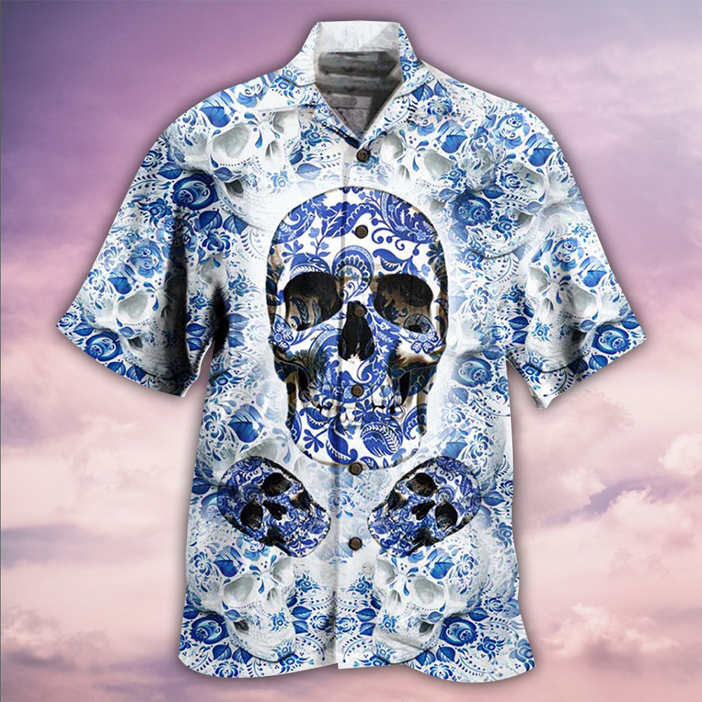 Skull Love Life Blue White - Hawaiian Shirt - Reefox