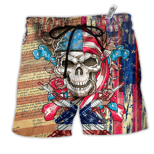 Beach Short / Adults / S Skull Patriotic Flower America - Beach Short Reefox - Owls Matrix LTD