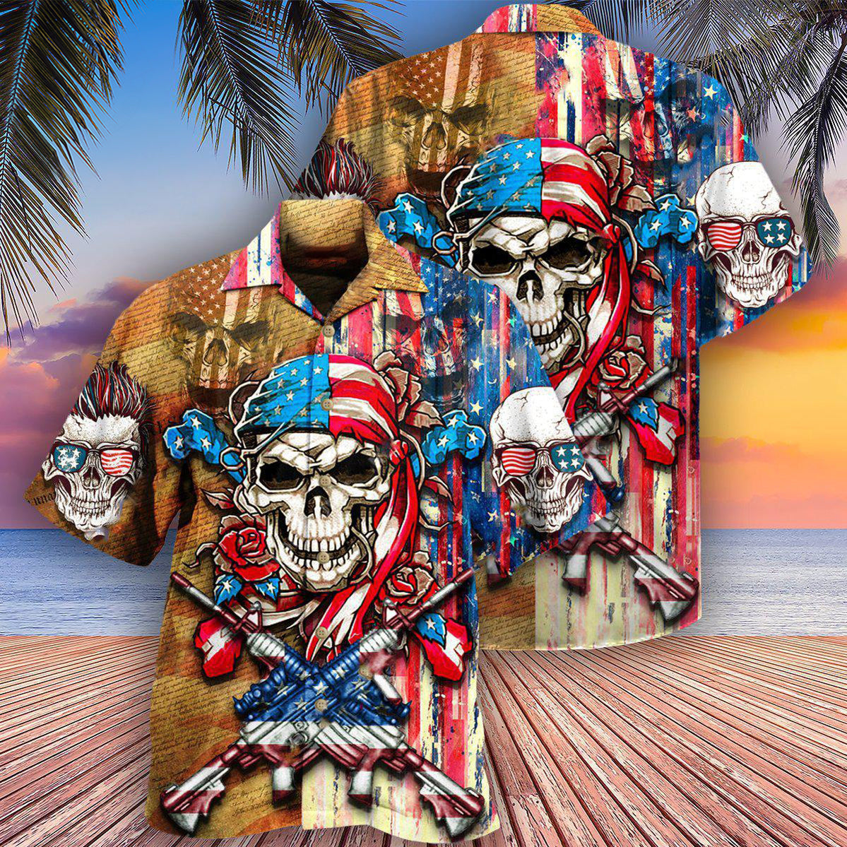 Skull Patriotic Flower America - Hawaiian Shirt - Reefox